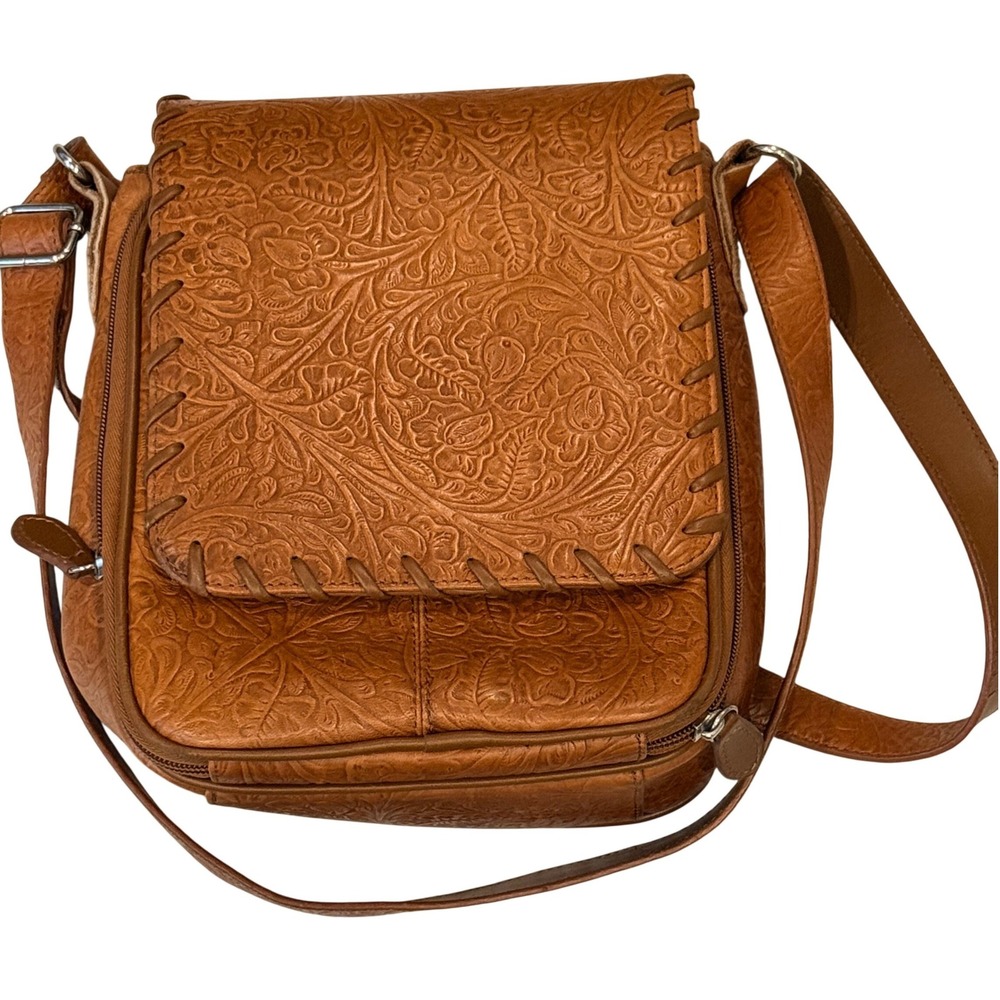 Coldwater‎ Creek Floral Embossed Leather Crossbody Bag Brown Western Boho Purse